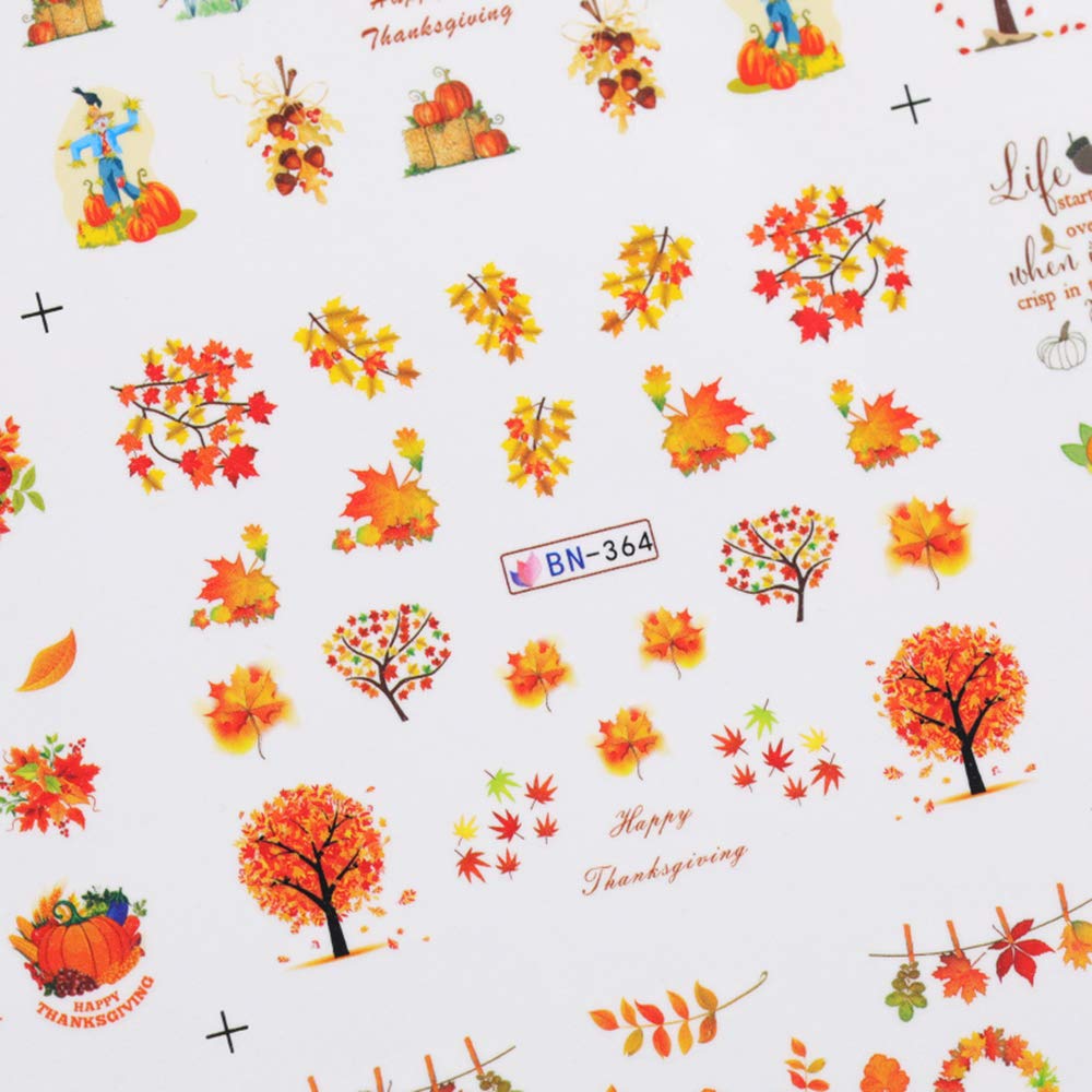 Fall Nail Stickers Autumn Maple Leaf Nail Art Decals Thanksgiving Day Water Decal Transfer Slider Set Turkey Pumpkin Nail Art Foil Stickers Nail Supplies Accessories Decoration Manicure Tips 12 Design