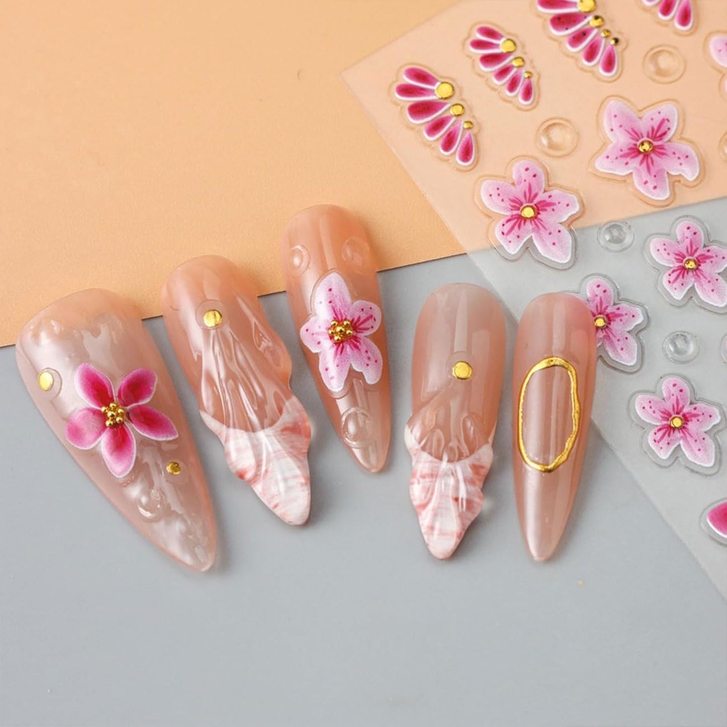 4 Sheets Flower Nail Stickers for Nail Art 5D Self Adhesive Spring Nail Art Stickers White Pink Flower Nail Decals Spring Nail Supplies Design for DIY Acrylic Nails for Women Girls