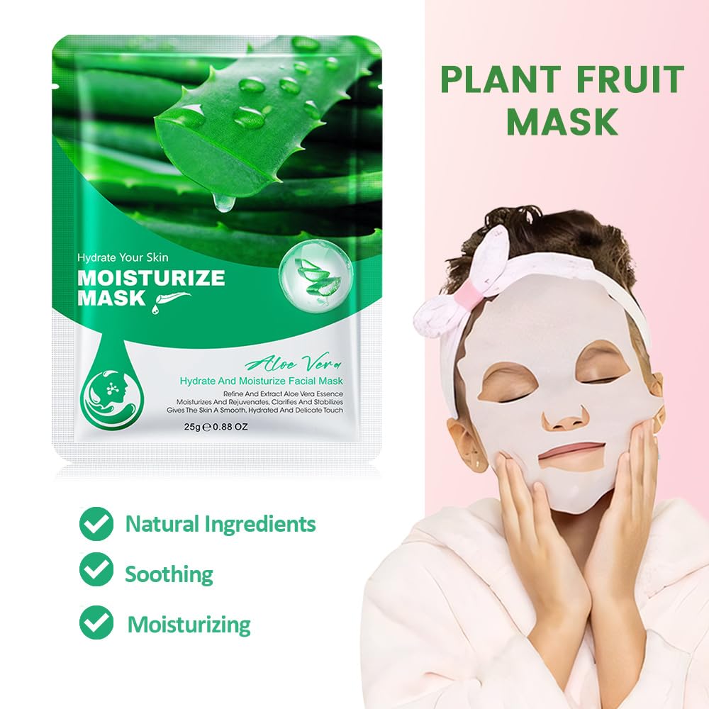 8 Pack Aloe Face Sheet Mask Skincare,Hydrating Face Mask For Sensitive Skin,Moisturize,Soothing,Nourish for All Skin Types,Natural Spa Party Facial Mask Skincare Set for Women Men Girls
