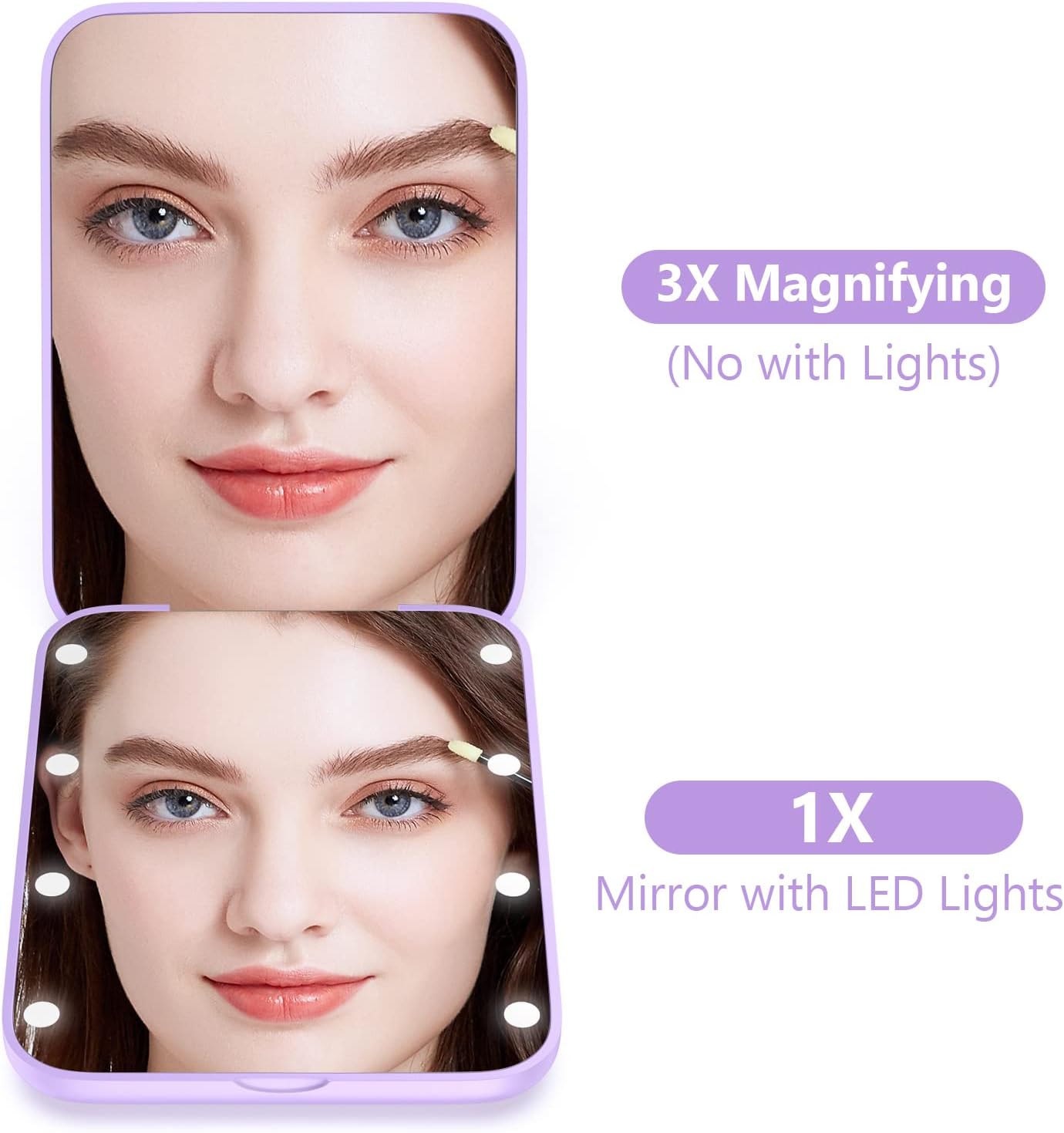 WOBSION Small Mirror with Lights,LED Compact Makeup Mirror,1x/3x Mini Travel Mirror with Magnification,Portable for Purse,Pocket,Gifts for Girls,Purple