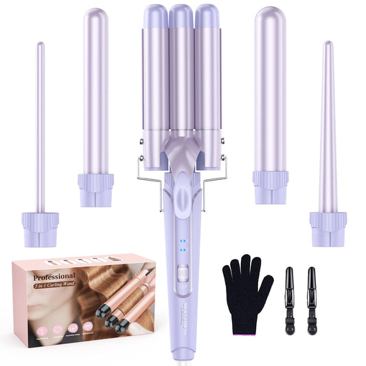 Waver Curling Iron Wand - BESTOPE PRO 5 in 1 Curling Wand Set with 3 Barrel Hair Crimper for Women, Fast Heating Crimper Wand Curler in All Hair Type, Women Gifts - Purple