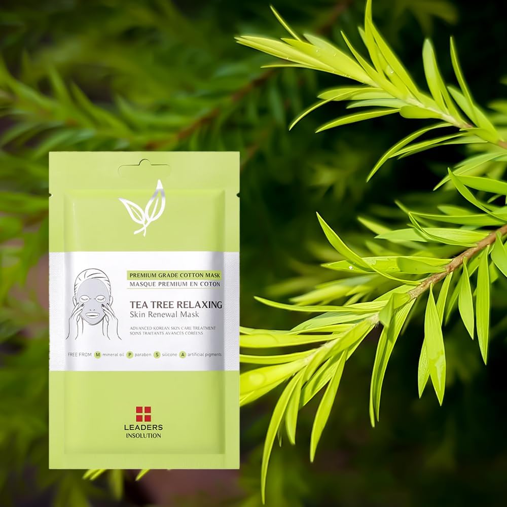 Leaders Insolution Tea Tree Relaxing Skin Renewal Mask | Soothing Facial Sheet for Acne, Oil Control, and Sensitive Skin | Hydrating Botanicals | Calms Redness, Smooth (5 Sheets)