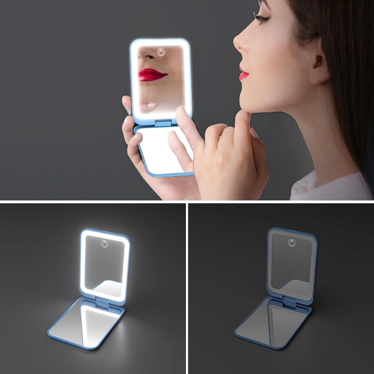 Kintion 2025 Pocket Mirror, Rechargeable Dimmable 3 Color Lighting 1X/3X LED Compact Travel Makeup Mirror for Purse, Portable, Folding, Handheld, Small Lighted Mirror for Women Gift, Blue