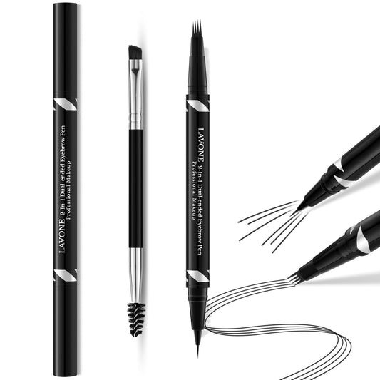 LAVONE 2-IN-1 Dual-ended Waterproof Eyebrow Pencil, 4 Tip Microblading Pen and Ultra-Precise Brow Pencil, Dual-ended Eyebrow Brush, Natural Looking Dark Black