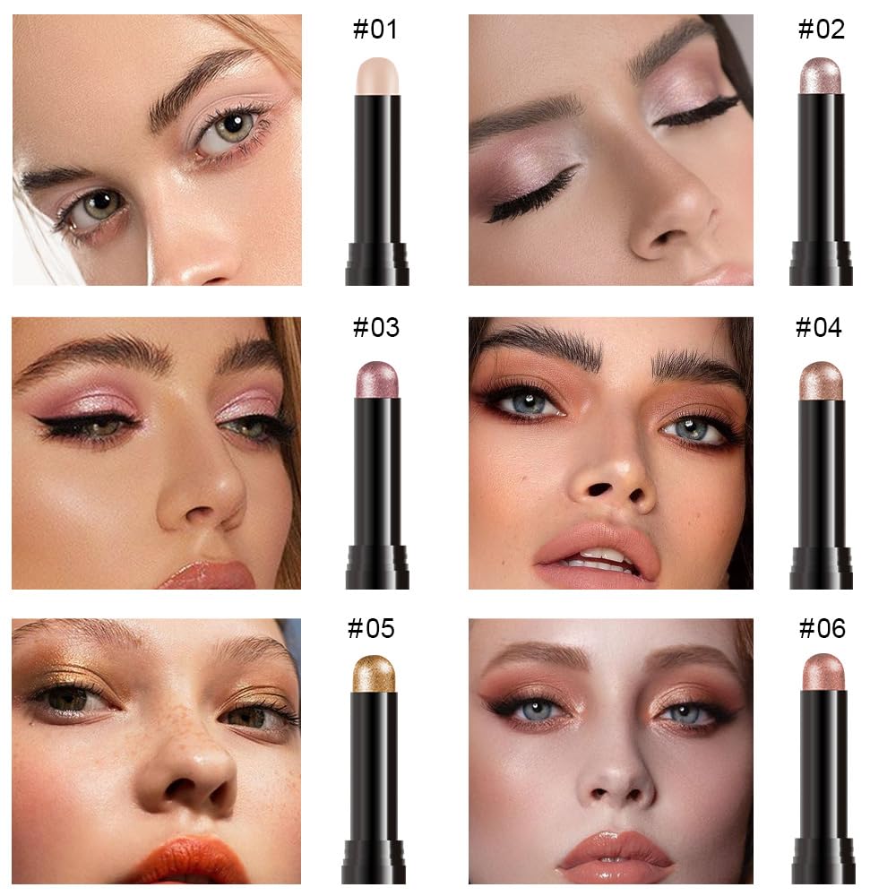 6Pcs Cream Eye Shadow Sticks Makeup for Women, Nude Beige Smoky Pale Rose Gold Rose Gold Champagne Gold Copper Shimmer Matte Eye Shadow Brightener Stick for Eyes, Waterproof Eyeshadow Pencil Set01