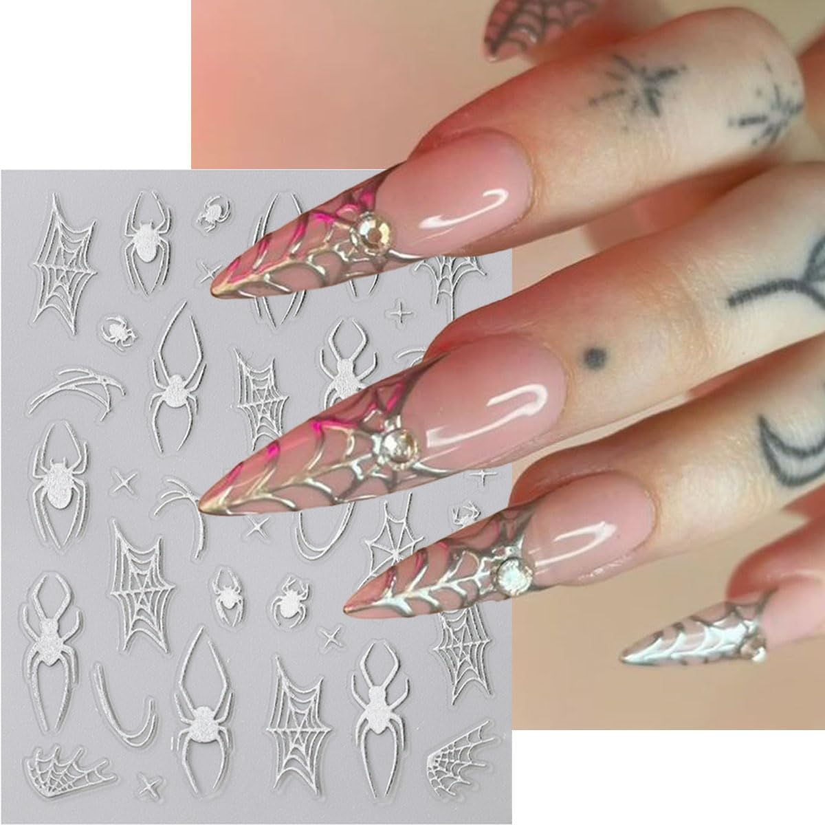 Spider Web Nail Stickers 3D Self Adhesive Nail Decals Halloween Nail Art Stickers Black Red Spider Star Design Cute Nail Sticker for Nail Art DIY Holiday Salon Manicure Accessories for Women 8Sheets