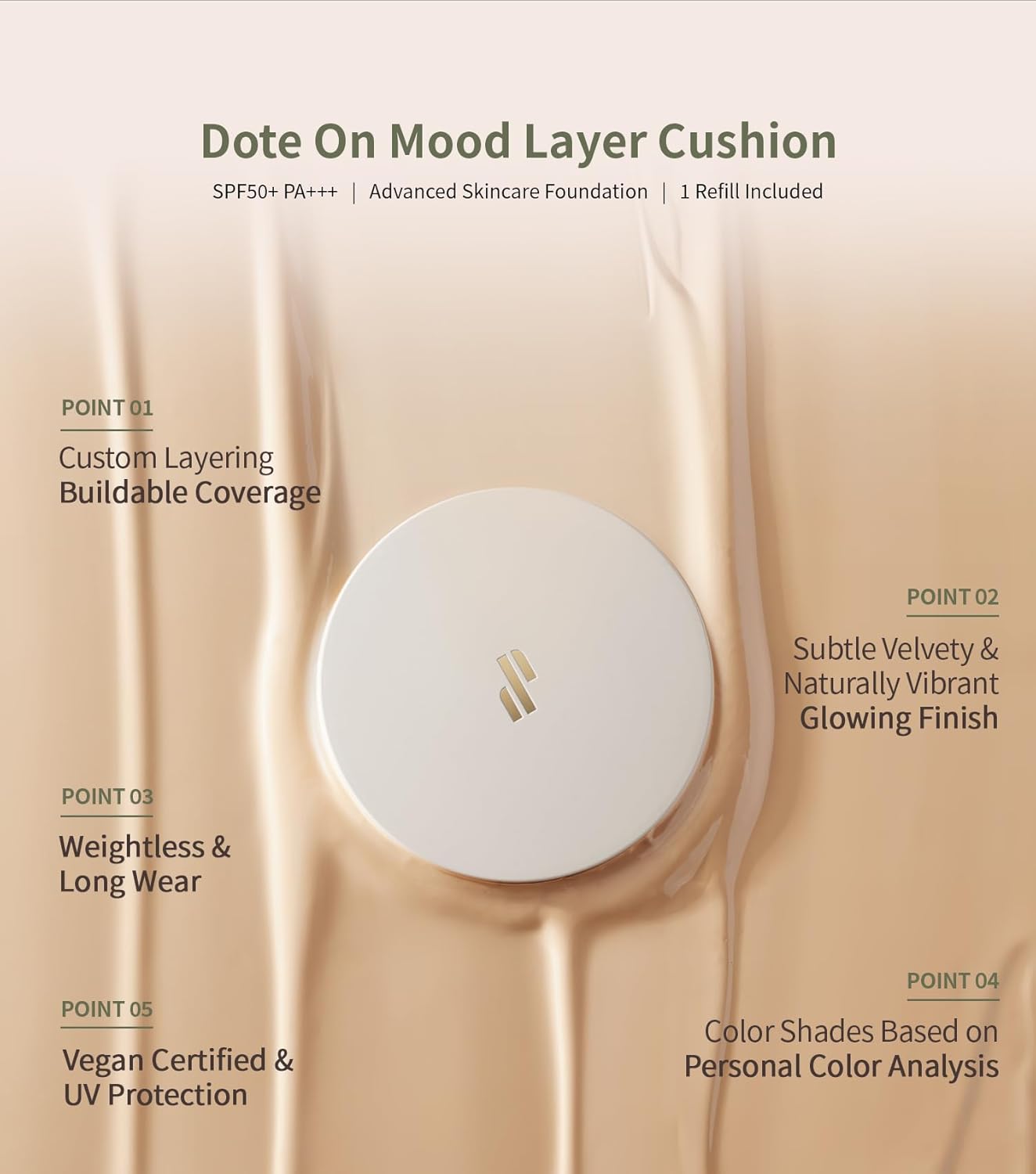 Heart Percent Dote on Mood Layer Cushion SPF 50+/PA+++ with Refill, Satin Glow Silky Flawless Finish Full Coverage Advanced Skincare Foundation (#23N)