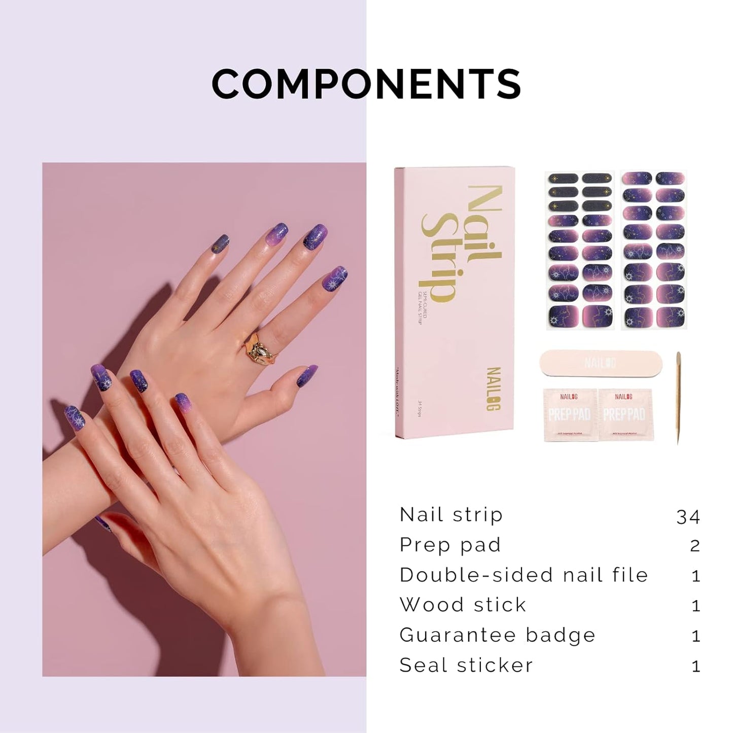 Nailog Semi Cured Gel Nail Strips 34 pcs | Long Lasting Nail Polish Sticker Wraps with Glossy Gel Finish | Constellation