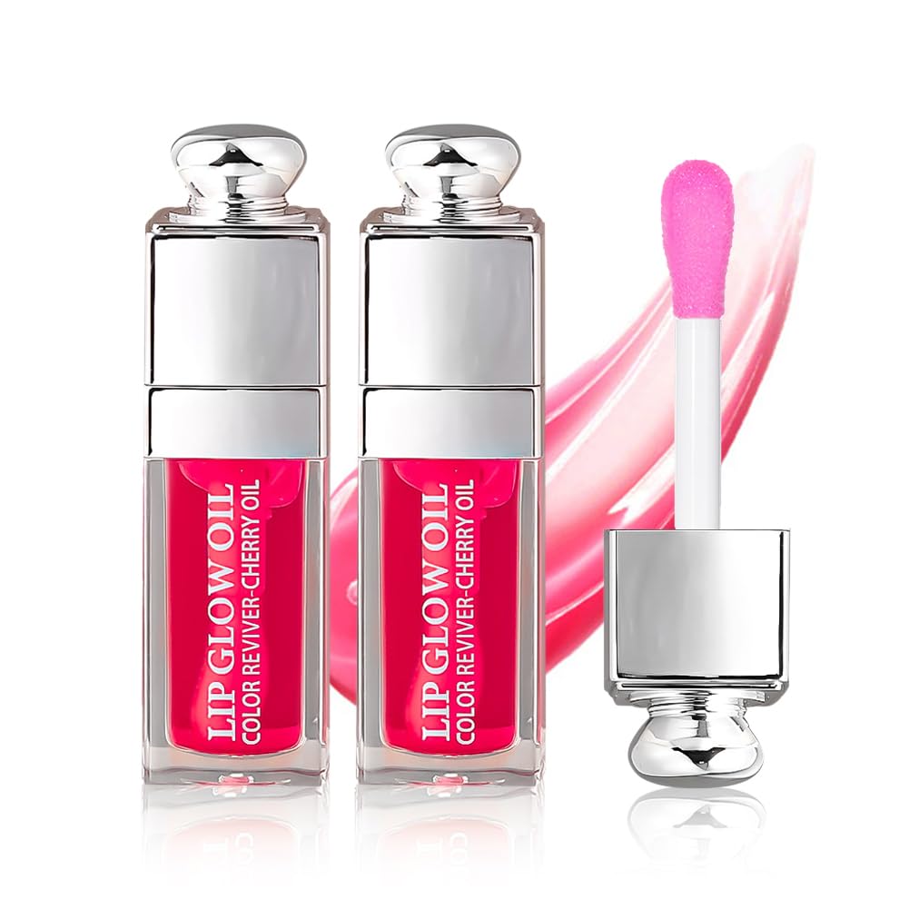 2PCS Hydrating Lip Glow Oil, Lip Oil Gloss Transparent Toot Tinted Nourishing Long Lasting Repairing Lightening Lip Lines (RASPBERRY) 0.2 OZ