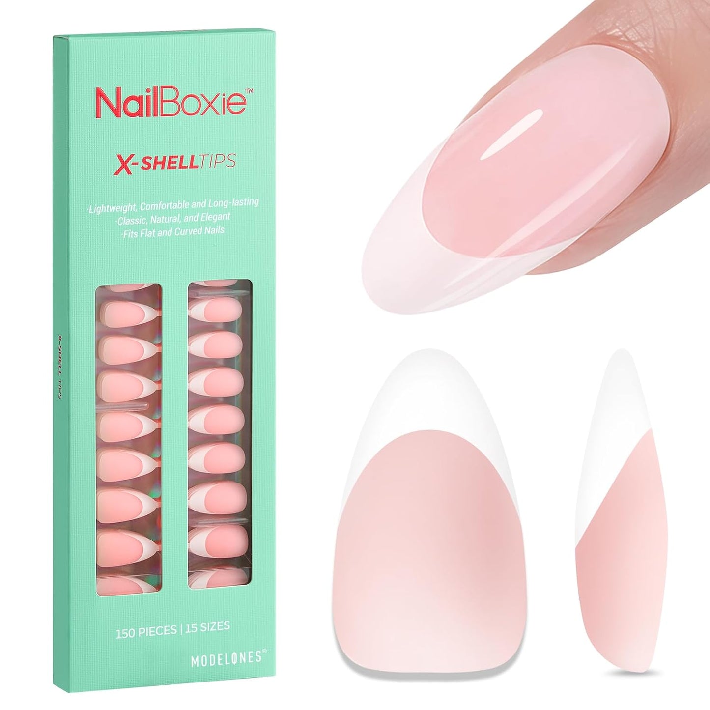 modelones French Tip Press on Nails, 150Pcs M-Almond Fake Nails with Nail Box, Pink & White Gel Nail Tips for Women, Soft Glue-On Nails for Natural Salon Look, DIY Nail Art Kit (15 Sizes)