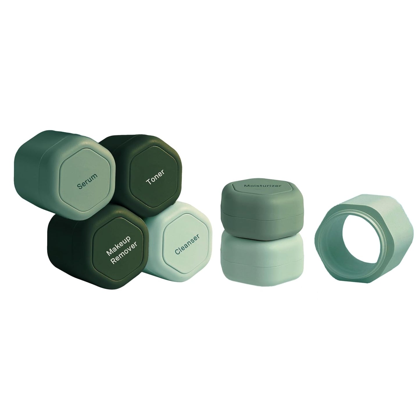 Cadence Travel Containers - Full Skincare Set - Magnetic Containers with Lids,Carry On Travel Essentials For Women/Men - 2 Small (0.56oz), 4 Medium Capsules (1.32oz), & Extender (1.43oz) - Evergreen