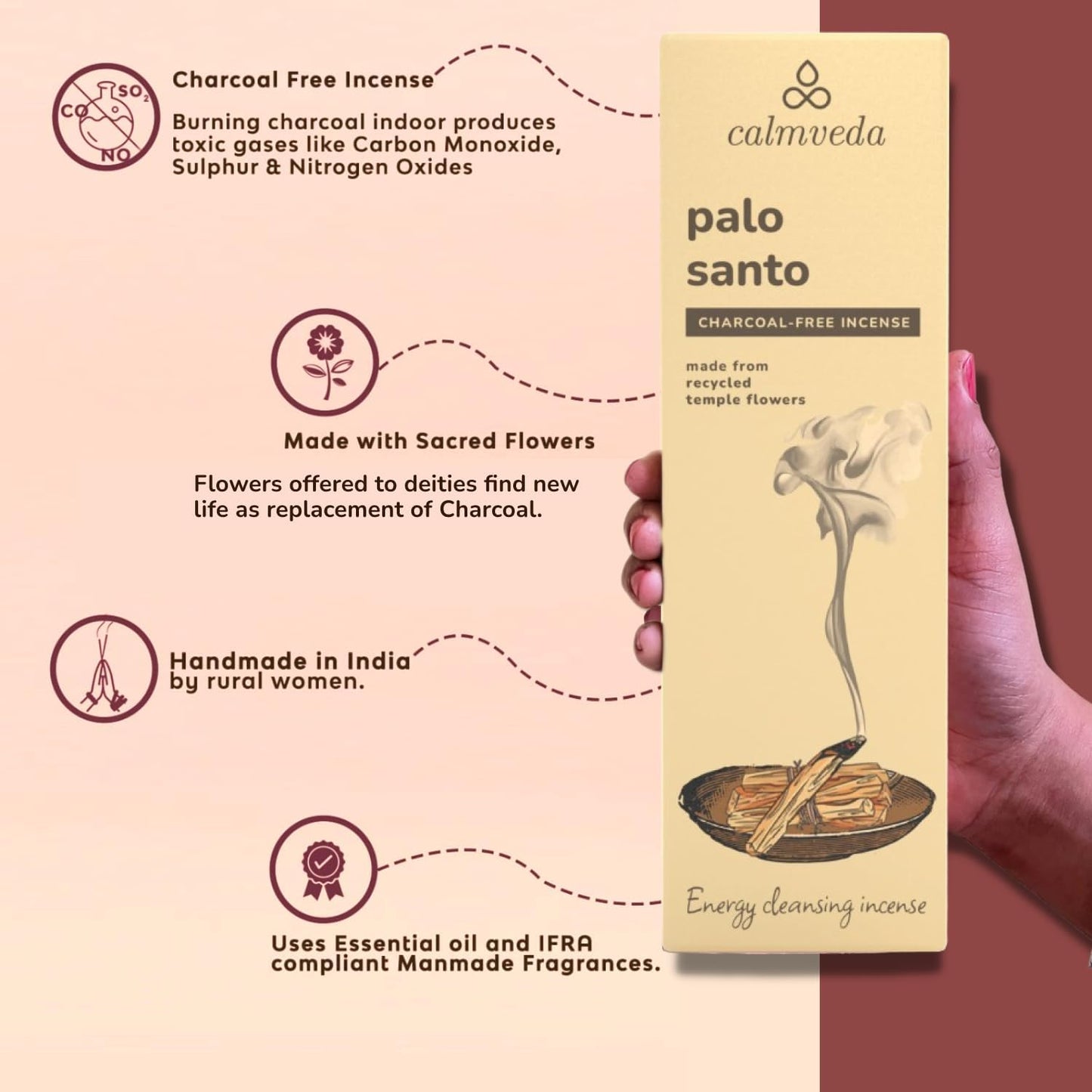 Holy Palo Santo Incense Sticks - 80 Charcoal Free Incense, Made from Upcycled Flowers | Cleansing Incense Sticks Spiritual or Inciensos para Sacar Malas Energias