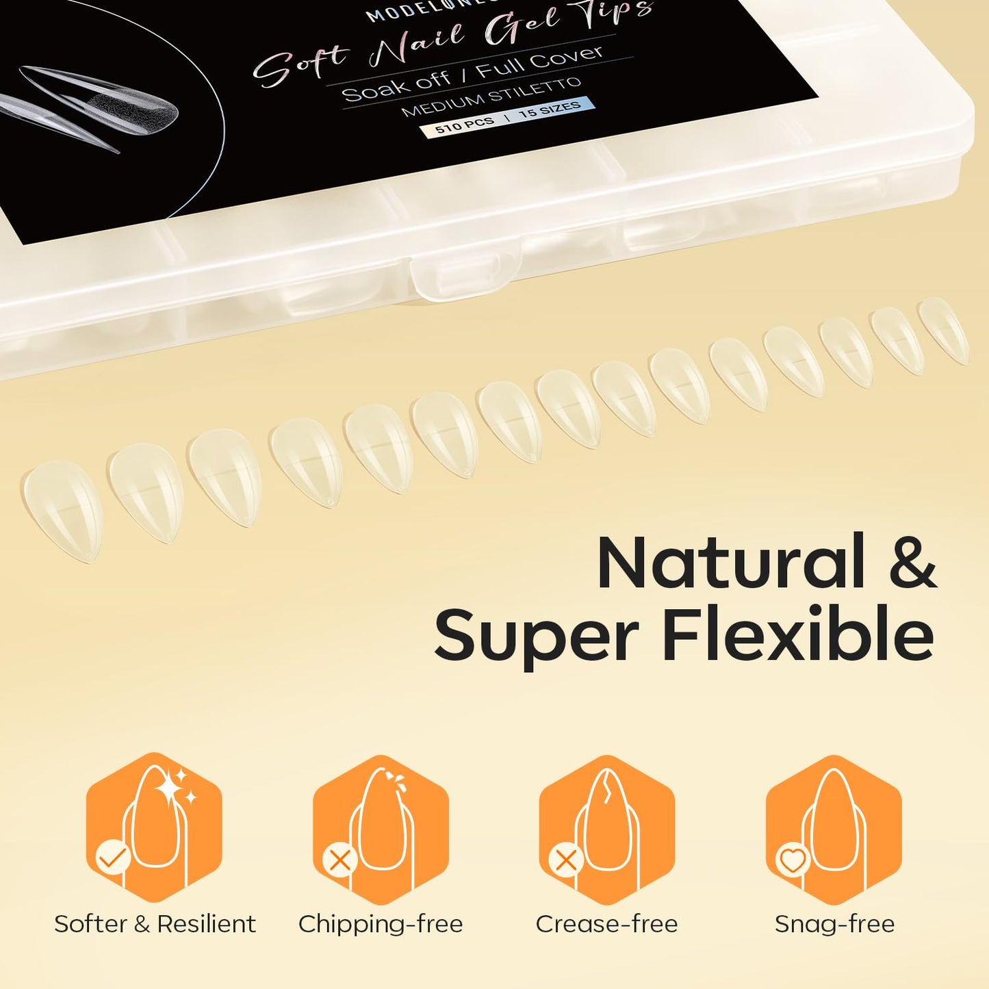 Modelones Medium Stiletto Fake Nail Tips - 510Pcs Gel Tips Pre-shaped Half Matte Full Cover Clear Acrylic Gel Kit False Press on Nails for Extension DIY Salon 15Sizes