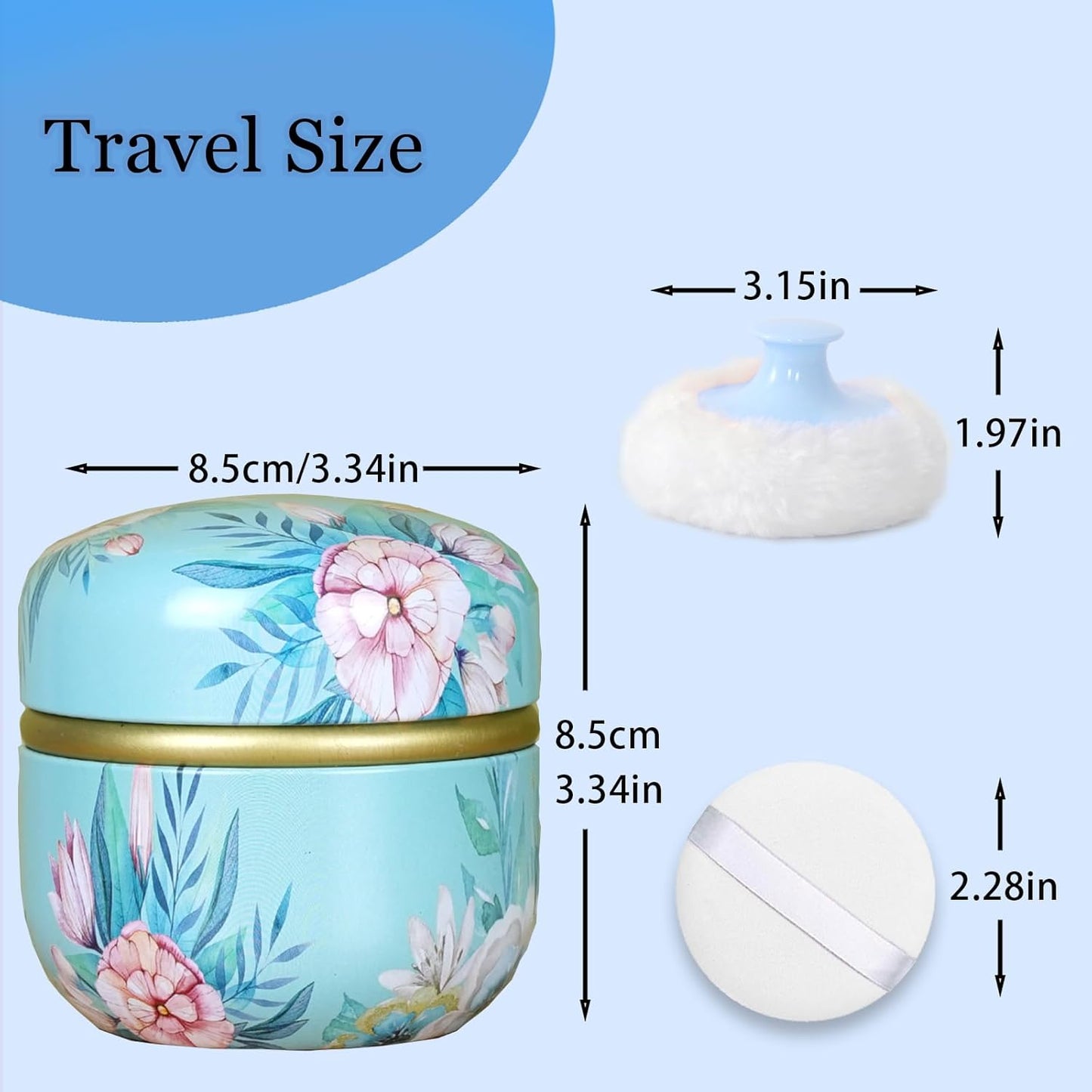 SHIMIDO Body Powder Puff and Container, 3.15" Portable Empty Body Powder Container for Baby Women's Loose Dusting Powder, Powder Case Box with Lids for Bath, Travel and Home Use (Dark&Big Flower)