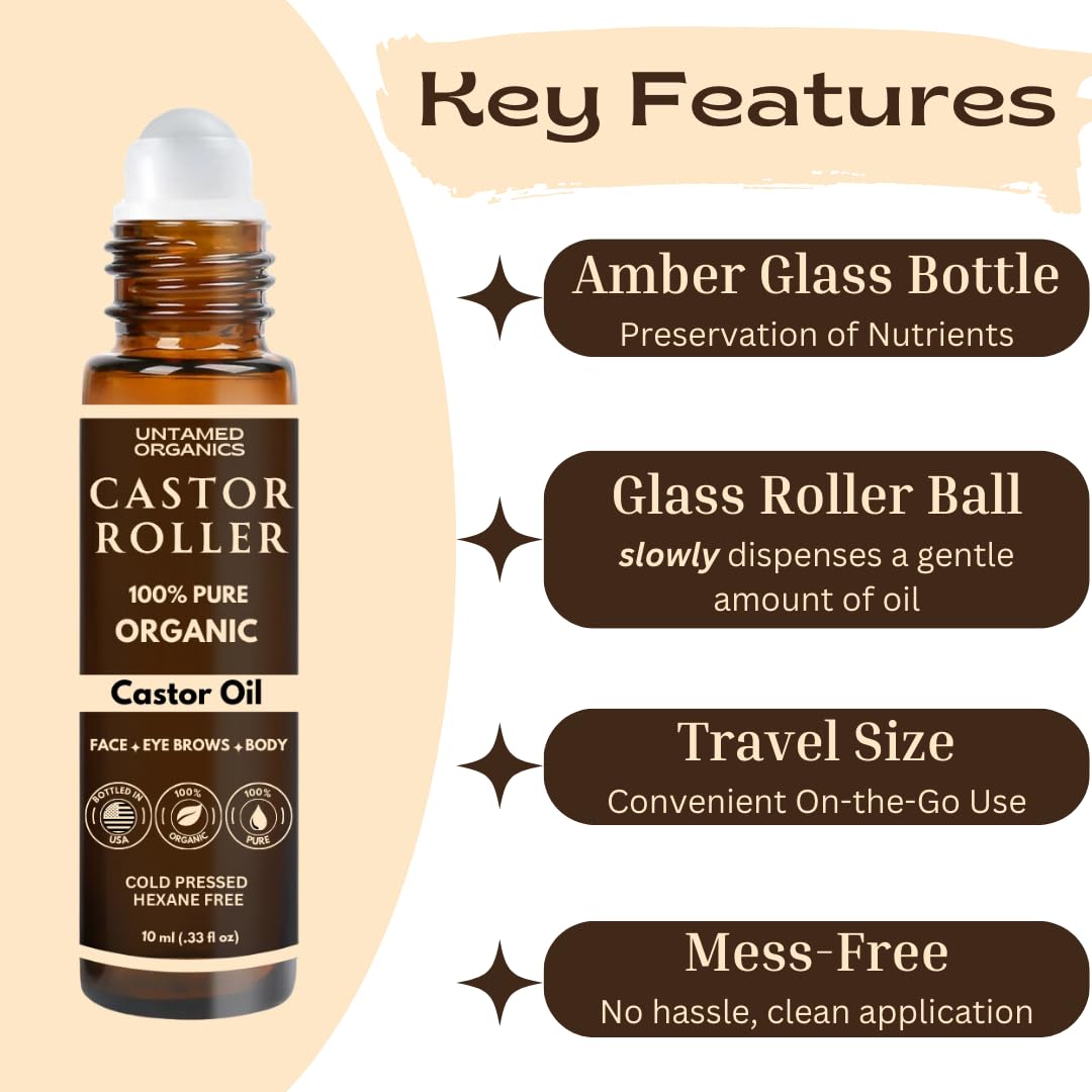 100% Organic Castor Oil Roll On For Eyebrows, Lips, Under Eyes, Eyelashes, Cuticles - Mess Free Roller Ball - Certified Organic, Cold Pressed, Hexane Free - Travel Sized Glass Bottle