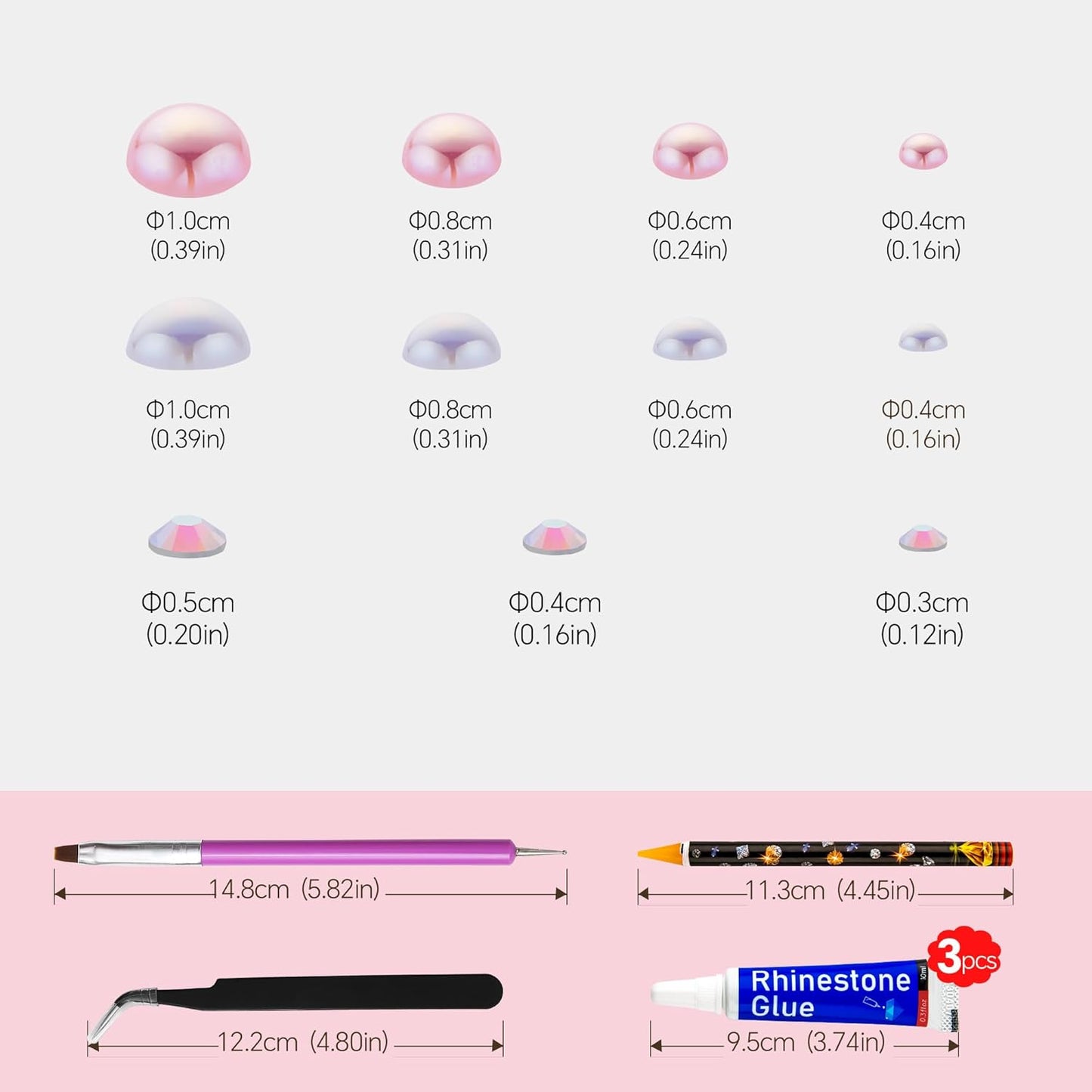 60g Light Pink White Pearl Rhinestones for Crafts Mixed Size 3mm-10mm AB Color Round Half Pearls Flatback Pearl Beads and Resin Rhinestones Set for Face Art with Gel