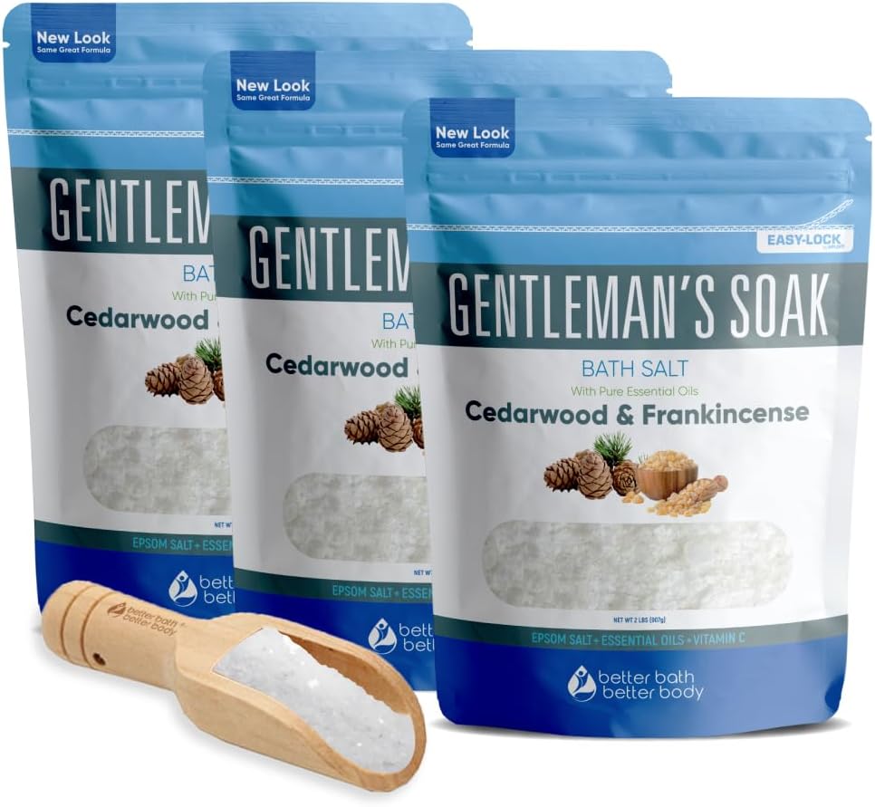 Gentleman's Bath Salt (3-Pack Plus Scoop) Bath for Men with Pure Essential Oils in BPA Free Pouch with Press-Lock Seal Made in USA 3-Pack of 2-lbs, 6-lbs Total