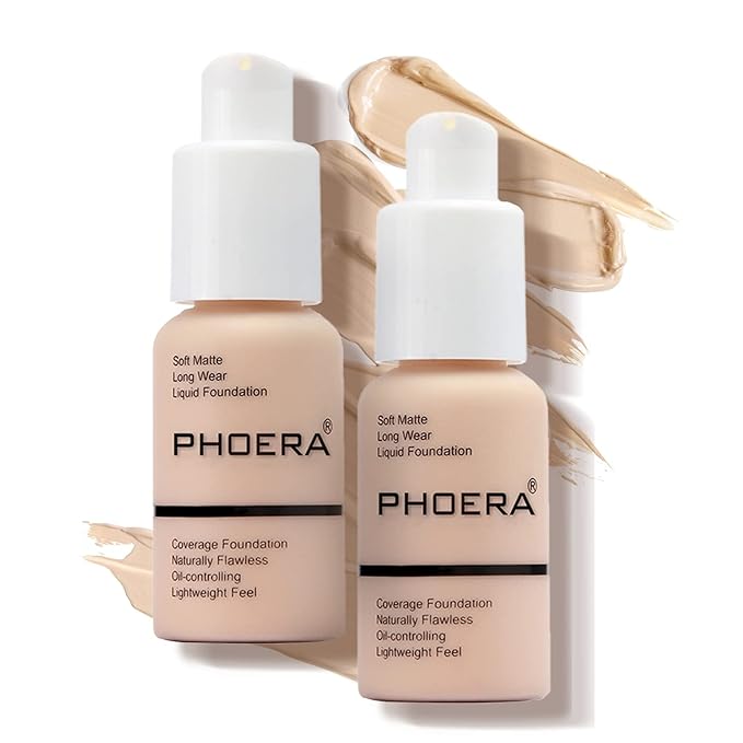 PHOERA Foundation Makeup Naturally Liquid Foundation Full Coverage Mattle Oil-Control Concealer 8 Colors Optional,Great Choice For Gift (2pcs,#101 Porcelain))