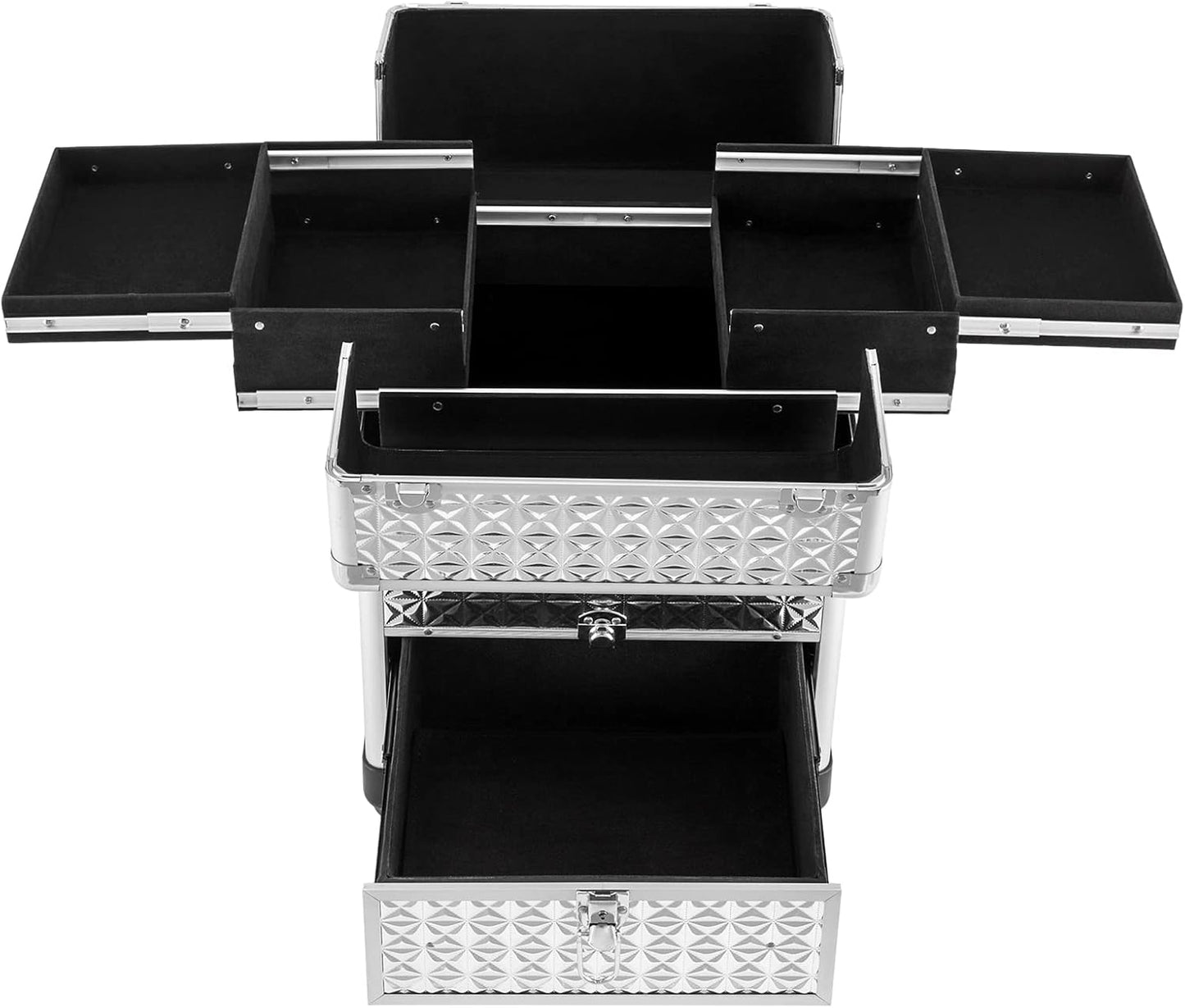 Rolling Makeup Train Case Professional Cosmetic Organizer Large Capacity Trolley Makeup Travel Case with 360° Swivel Wheels for Makeup Artist (Silver)