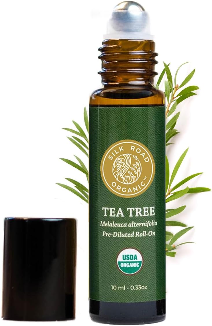 Silk Road Organic Tea Tree Essential Oil Roll On, 100% Pure USDA Certified – Healthy Skin, Toenails, Feet, Body Odor - 10 ml Roller - Always Pure, Always Organic