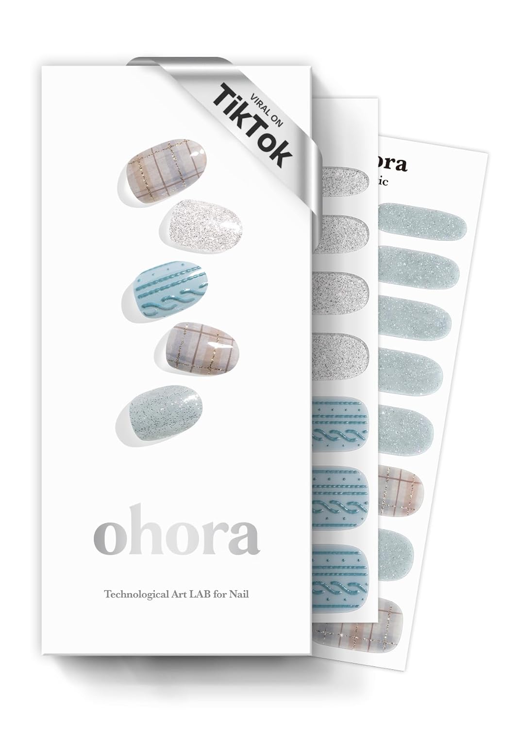 ohora Semi Cured Gel Nail Strips (N Fuzzy Sweater) - Blue & Gray, Works with Any UV/LED Lamps, Salon-Quality, Long Lasting, Easy to Apply & Remove - Includes 2 Prep Pads, Nail File & Wooden Stick