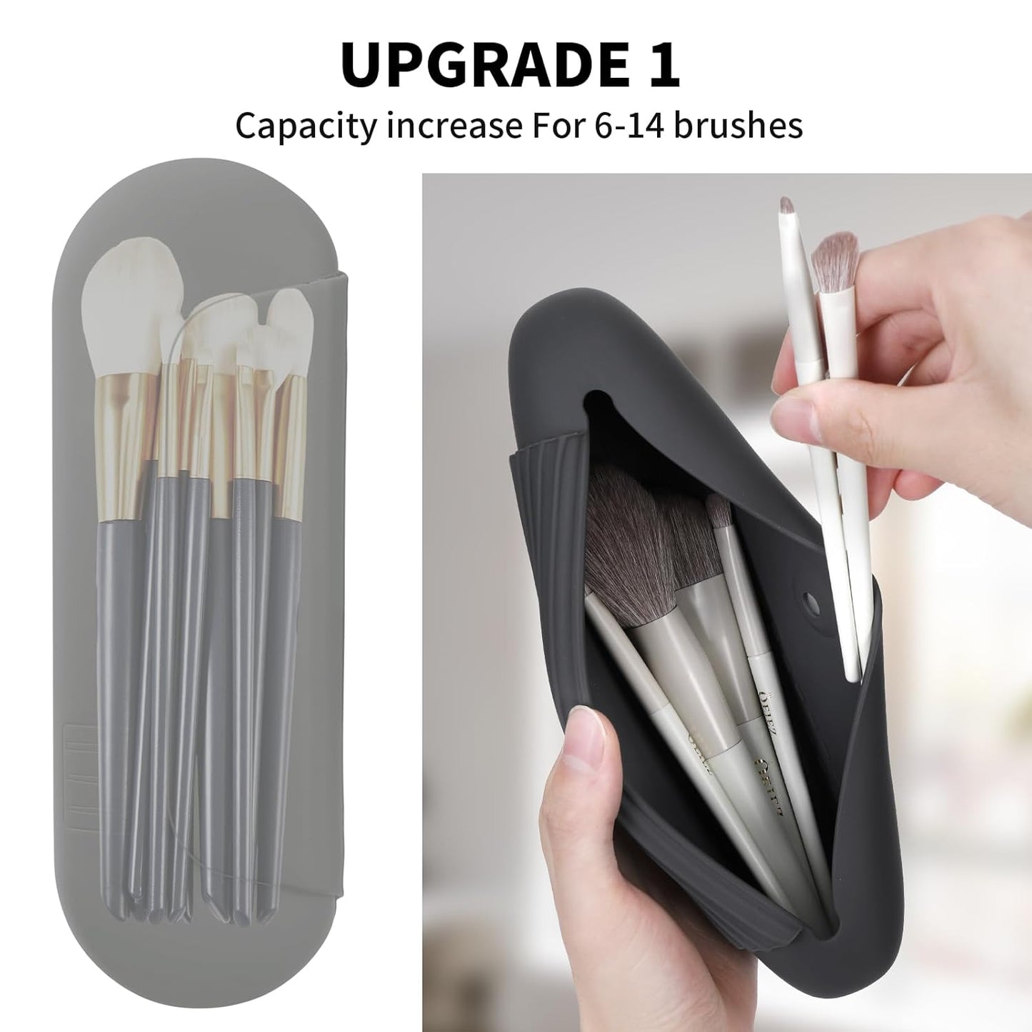 Silicone Makeup Brush Holder Travel Cosmetic Bag：Soft Portable Cosmetic Face Brushes Holder with Upgrade Anti-Fall Out Magnetic Closure, Large Travel Makeup Brush Case - Grey