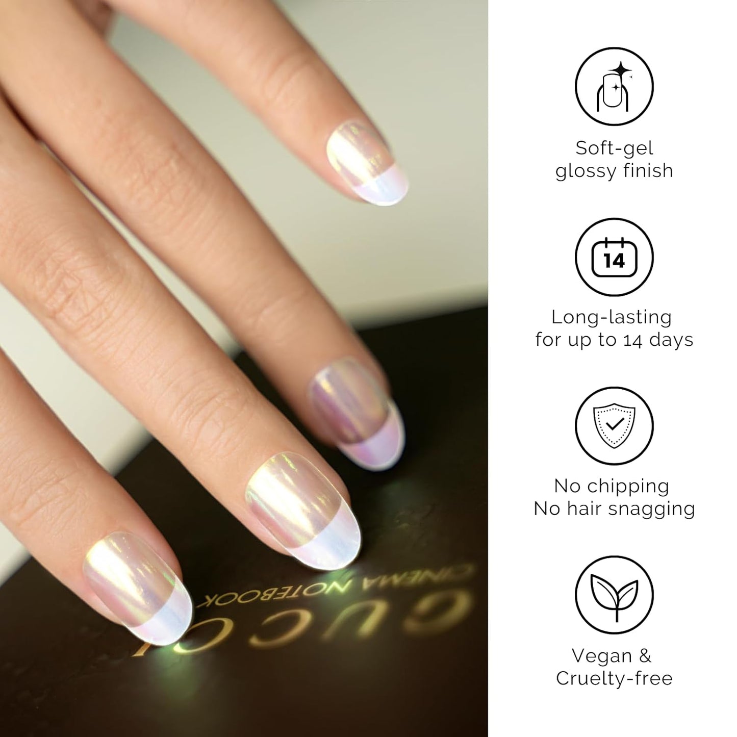 Semi Cured Gel Nail Strips - NAILOG 34 Pcs French Clear Glitter Nail Stickers Extra Long Wraps with Glossy Gel Finishing, Magic Aura