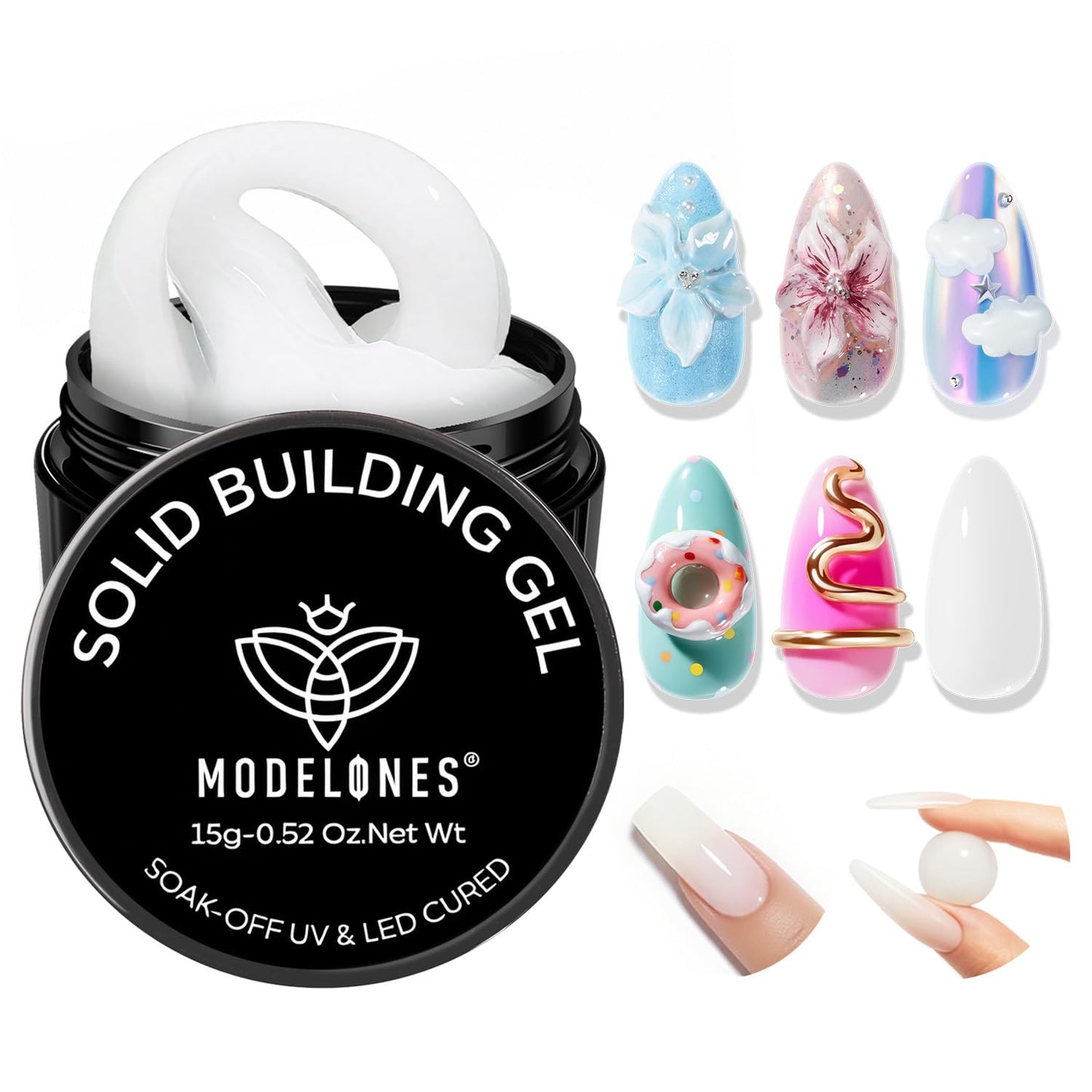 modelones 3D Sculpting Gel, Milky White Solid Nail Builder Hard Gel for Nail Art Molding & Extensions for Chrome Powder, Nails Glitter Polish Home DIY Manicure, U V Lamp Needed