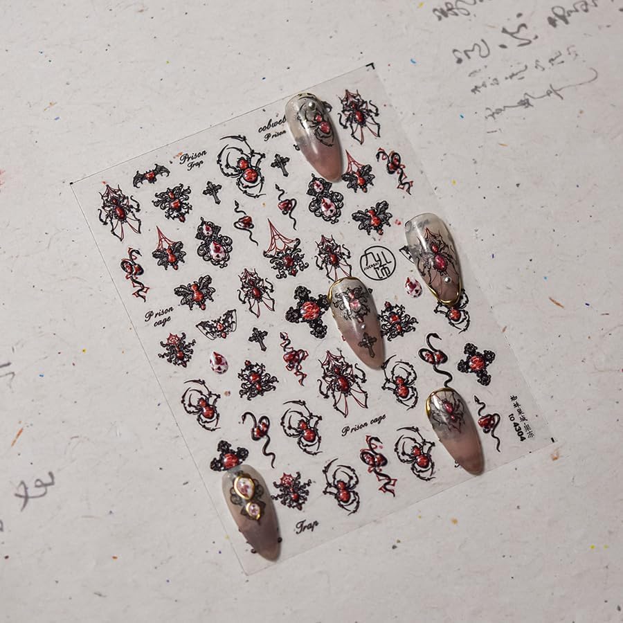 Halloween Nail Art Stickers 5D Embossed Gothic Spider Nail Stickers, Self-Adhesive Durable Nail Art Decals for Women Girls, Nail Wraps Decoration Manicure for DIY Acrylic Nail Accessories