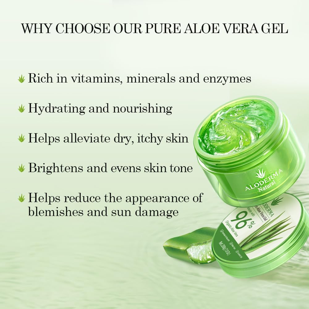Aloderma Organic Aloe Vera Gel for Face & Body, 96% Pure Aloe Gel Made within 12 Hours of Harvest, Ideal for Skin, Scalp, & Hair Hydration, Calming Moisturizer for Soothing After Sun Care, 7.05oz