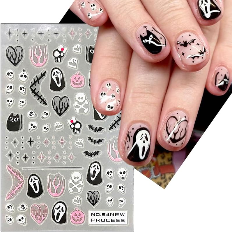 Halloween Nail Stickers Decals 3D Horror Spooky Devil Ghost 3D Self-Adhesive Nail Designs Gothic Ghost Pumpkin Skull Skeleton Halloween Nail Decals for Women Girls DIY Manicure Horror Nail Decoration