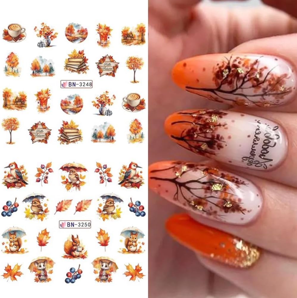 Fall Thanksgiving Nail Art Stickers Decals Autumn Maple Leaf Water Transfer Nail Foils Supplies Fall Pumpkin Squirrel Fox Mushroom Designer Nail Decals for Nail Art Thanksgiving Nail Art Decoration