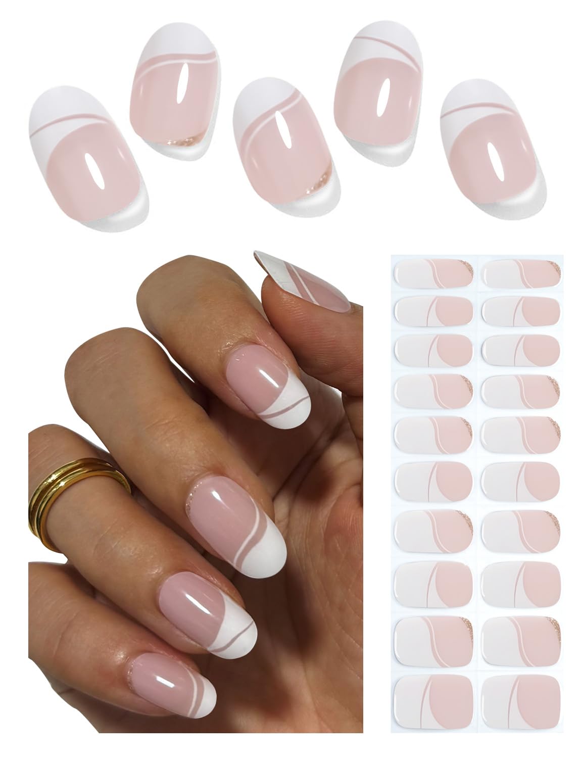 Semi Cured Gel Nail Strips, Irregular French, Glitter 20pcs Gel Nails Sticker for Home Nails DIY