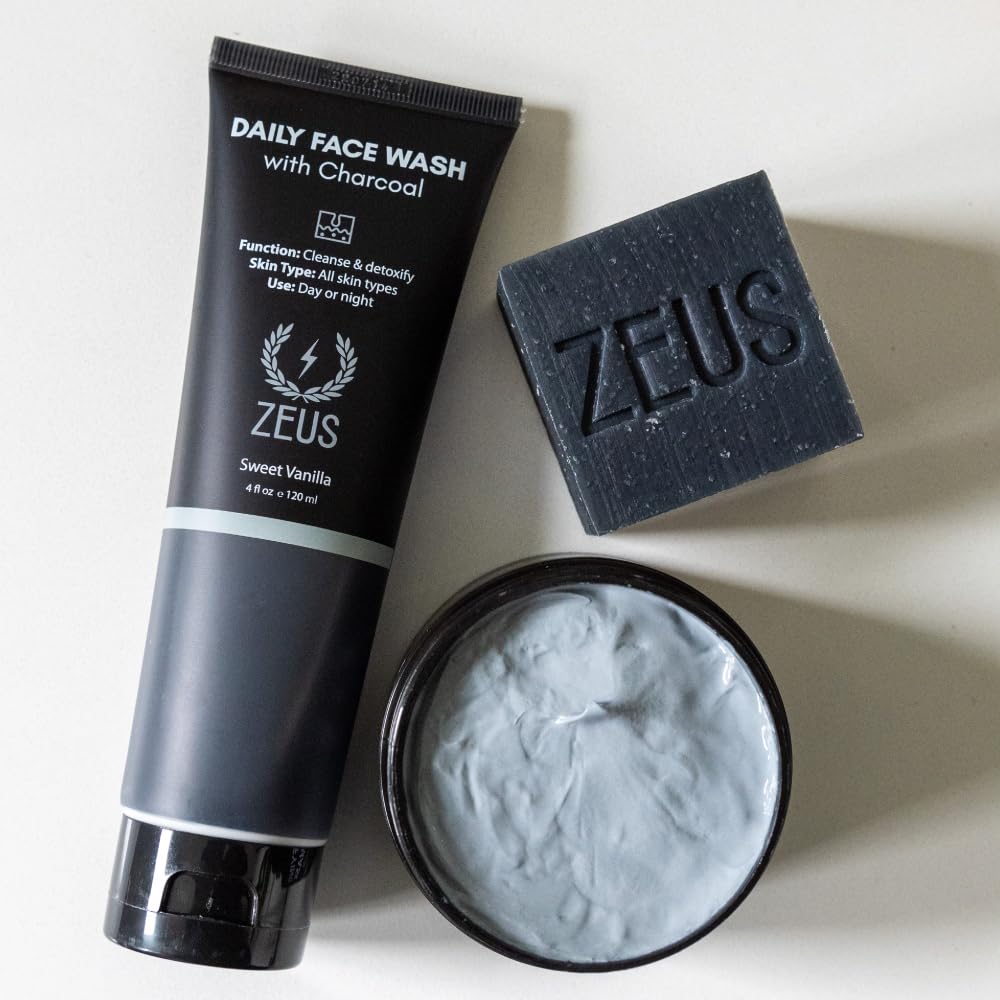ZEUS Charcoal Face Wash for Men | Daily Facial Cleanser for Oily Skin, Blackhead Removal, & Deep Pore Cleansing | Detoxifying & Exfoliating | Made in USA