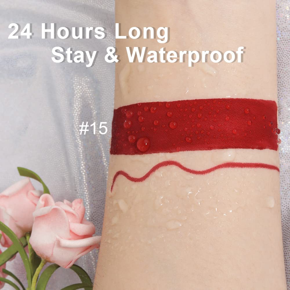 evpct 2Pcs Dark Red Maroon Matte Lipstick and Lip Liner Makeup Set for Women Dark Blood Red Liquid Matte Brown Lipstick Lip Liner Stain Long Lasting Waterproof Permanent Lipsticks 24 hours 15#