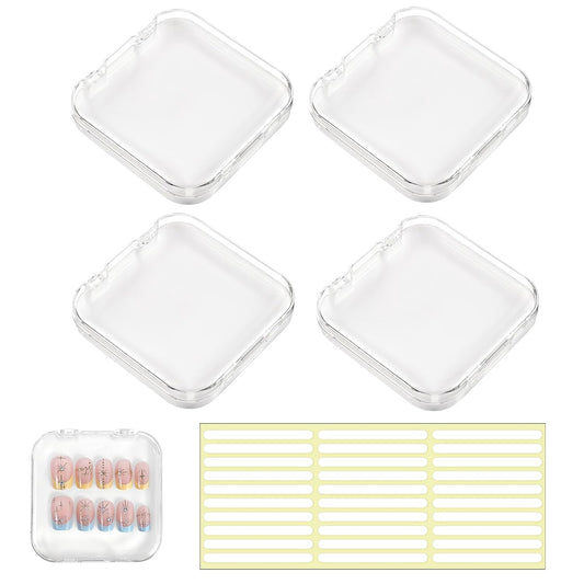 4 PCS 2.95" Nail Art Display Box, Press On Nail Storage Box Acrylic Nails Display Boxes Clear Empty Plastic Nails Tips Storage Boxes with 30 Pcs Adhesive Double Sided Tape for Art Salon (White)