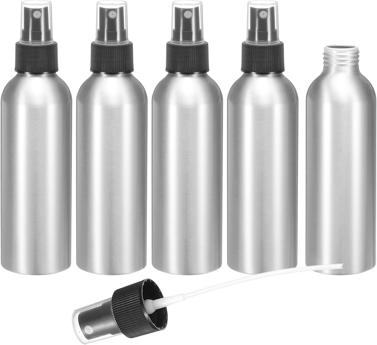 HARFINGTON 5pcs Aluminum Fine Mist Spray Bottles 150ml/5oz Metal Small Liquid Alcohol Refillable Travel Container with Black Plastic Nozzle Cap for Perfume Skincare Cosmetic Storage Bottle
