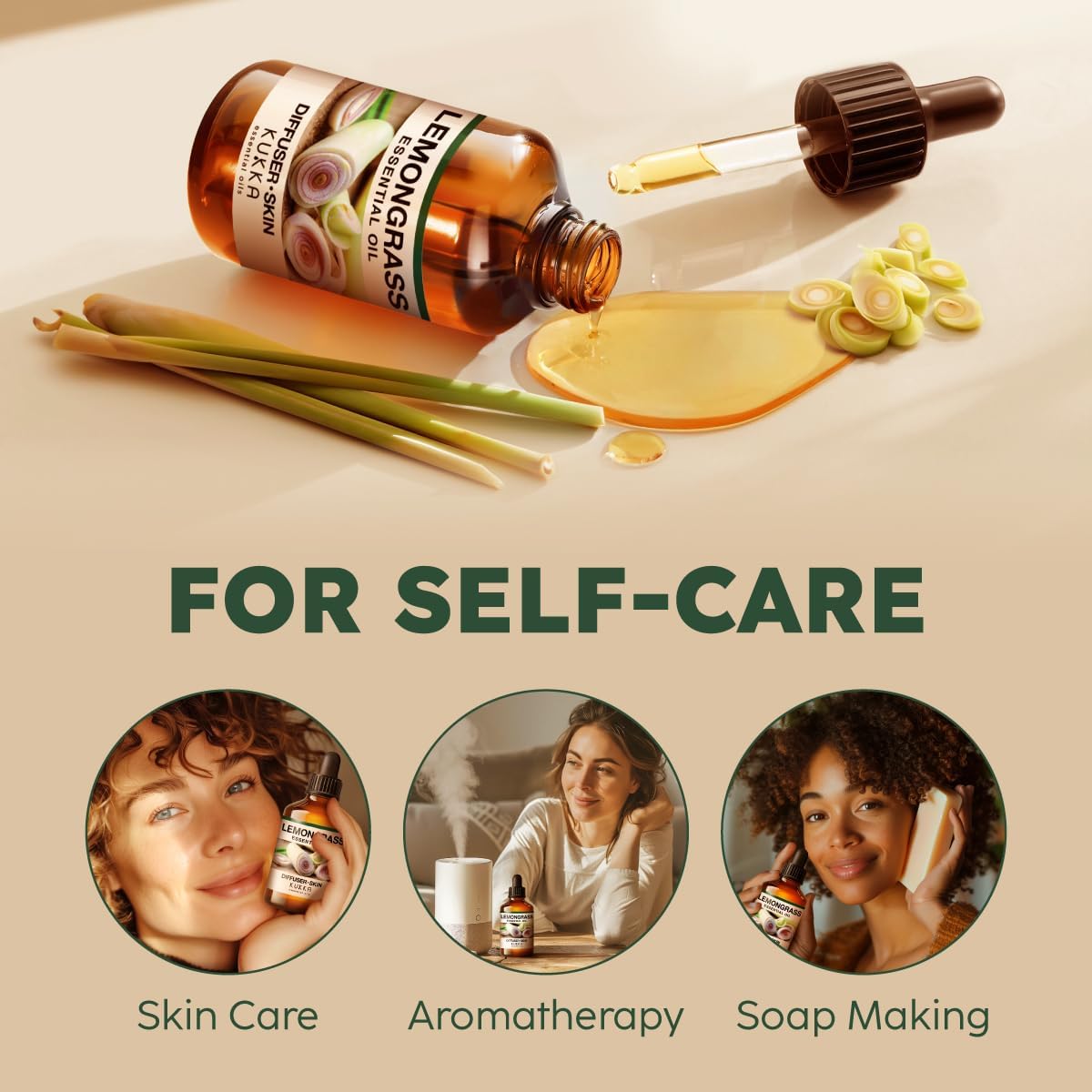 Kukka Lemongrass Essential Oil for Skin, Diffuser & Hair - 4 Fl Oz - Cleansing & Nourishing, Herbaceous Scent for Aromatherapy, DIY Soap Making Scents