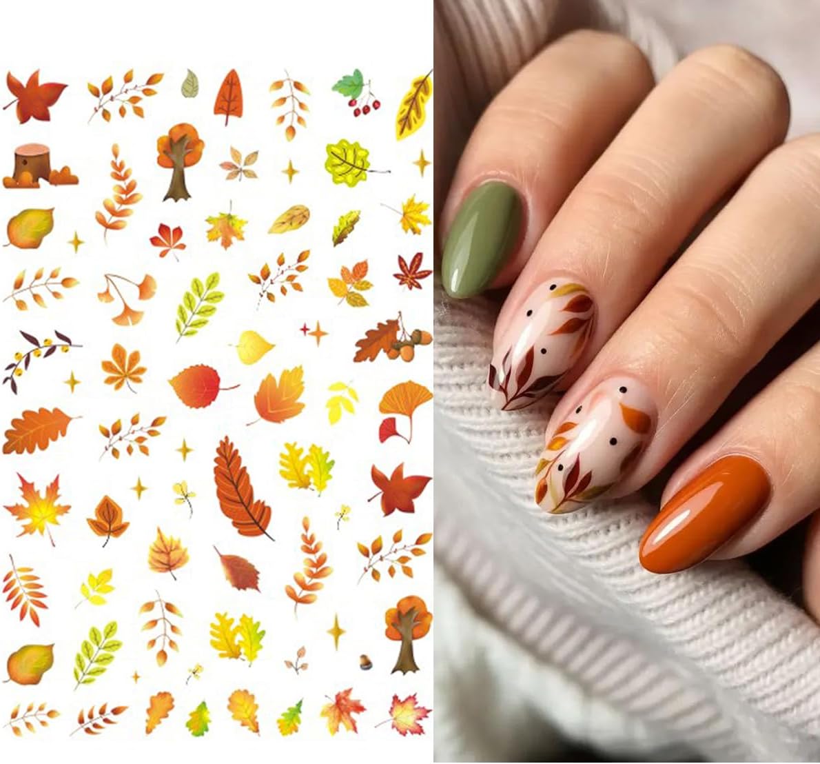 6Pcs Fall Nail Stickers for Nails Art - Cute Pumpkin Nail Decals Yellow Fallen Leaves for Nails Autumn Maple Leaf Theme Thanksgiving Nail Design Adhesive Sticker Sliders for Women Nail Art Decorations