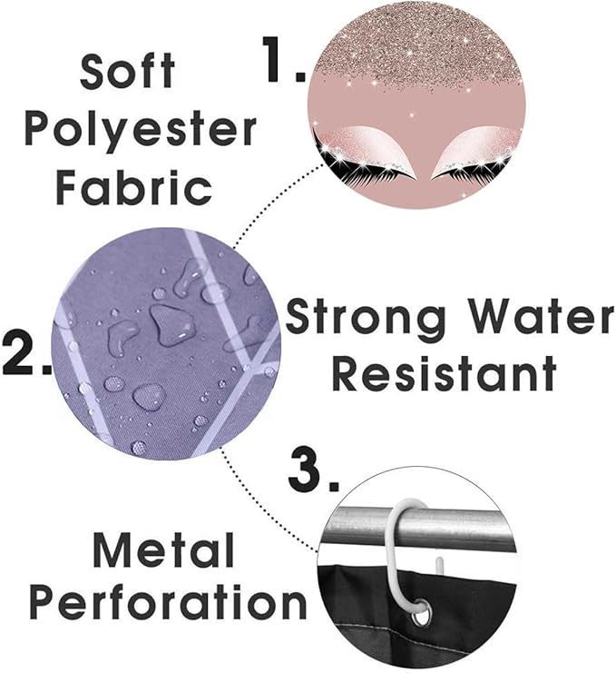 4PCS Hello Gorgeous Shower Curtain Sets with Rugs, Rose Gold Glitter Bling Glam Makeup Diamond Unicorn Eyelash Bathroom Decor, Waterproof Fabric Pink Shower Curtain Girly Gifts for Girls Women