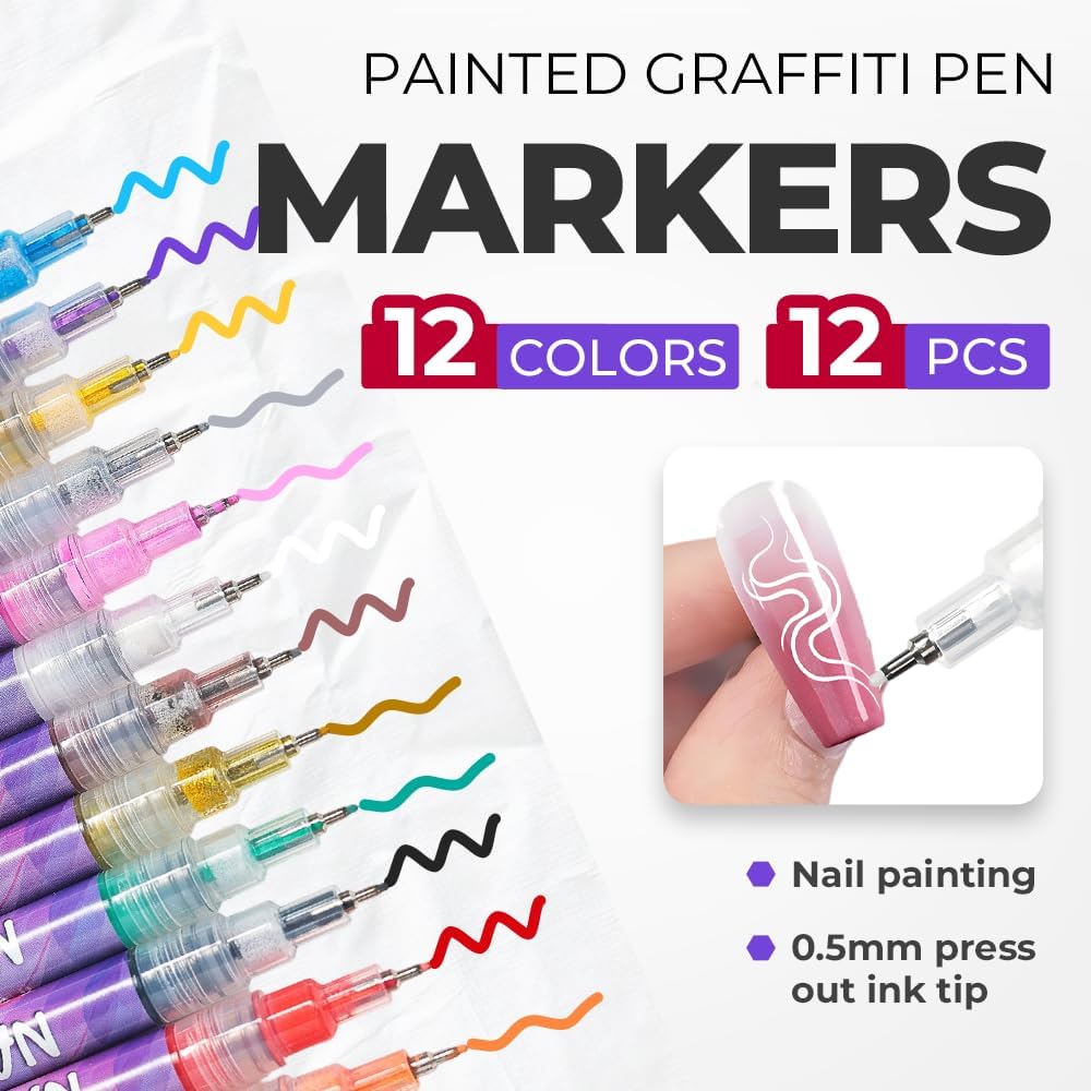 12 Colors Nail Art Pens Set, 2025 Upgrade Nail Art Markers for Gel Nails, 3D Nail Polish Pens, Drawing Painting Point Dotting Pen Acrylic Paint Marker for DIY Nails Art Manicure Tools (1 Set)