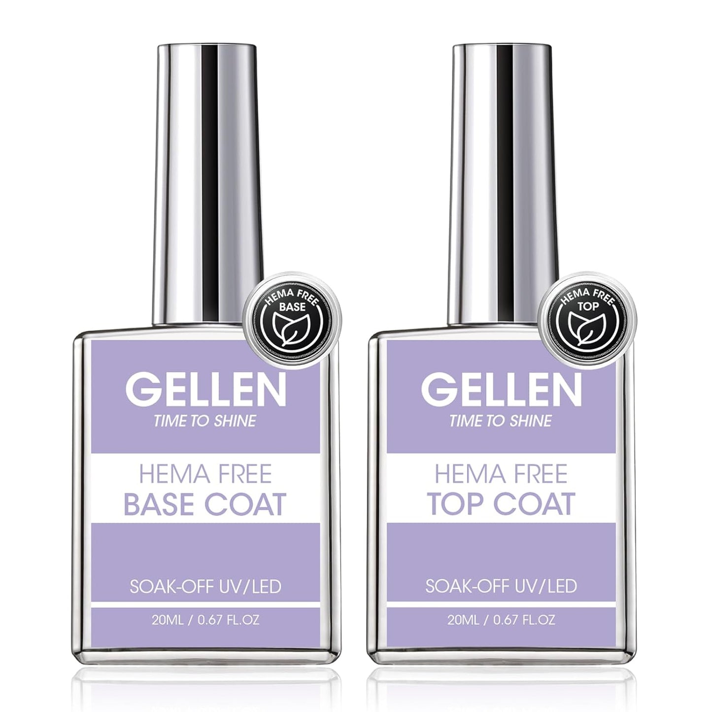 GELLEN 20ml Gel Base and Top Coat, Hema-Free Glossy Top Coat and Base Coat for Gel Nail Polish, No Wipe Soak Off Curing Needed Clear Nail Polish, Easy DIY Manicure Set