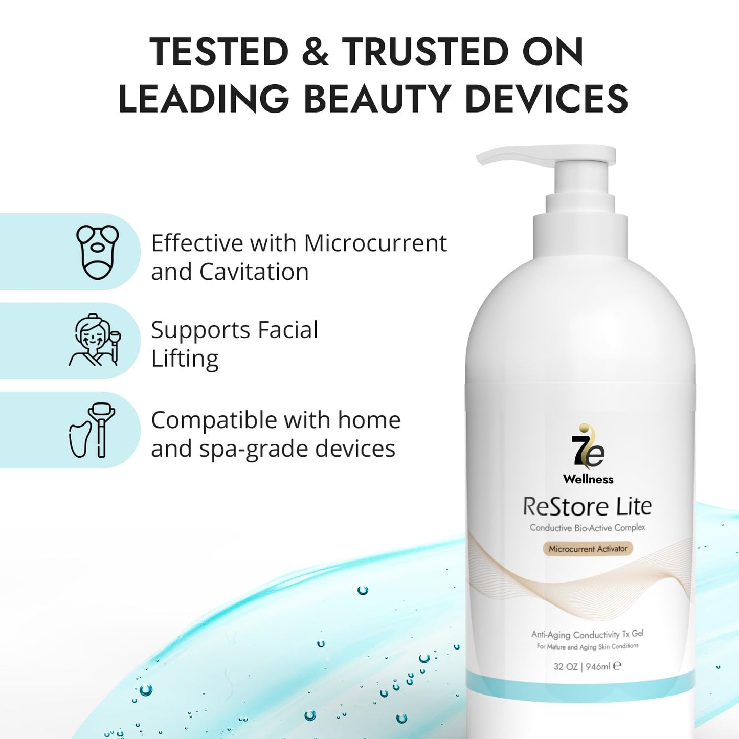 7E Wellness Myolift Restore Lite Gel- 32oz - Conductive Gel for Beauty & Skincare, Microcurrent, Face Mask Brush - 32oz / 1L