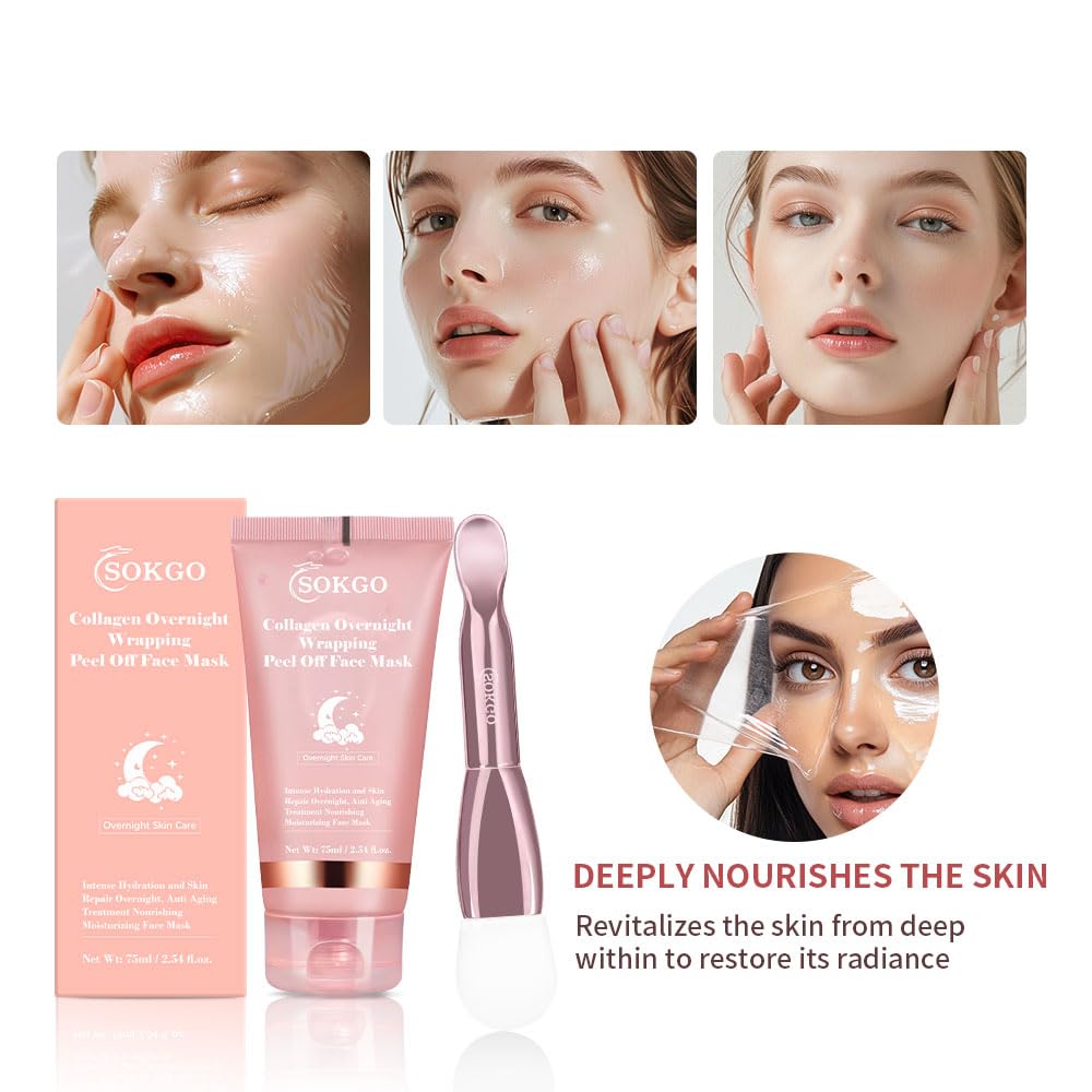 Collagen Overnight Wrapping Mask, Intensive Hydration Anti Aging Overnight Skin Treatment, Boosts Elasticity and Firmness, Revitalizes Dull Skin Reduces Fine Lines and Wrinkles (2PCS)