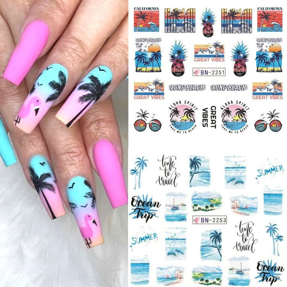 Summer Nail Art Stickers Water Transfer Summer Nail Decals for Nails Art Supplies Coconut Tree Ocean Beach Tropical Style Design Acrylic Nail Stickers for Women DIY Nail Art Accessories 12 Sheets