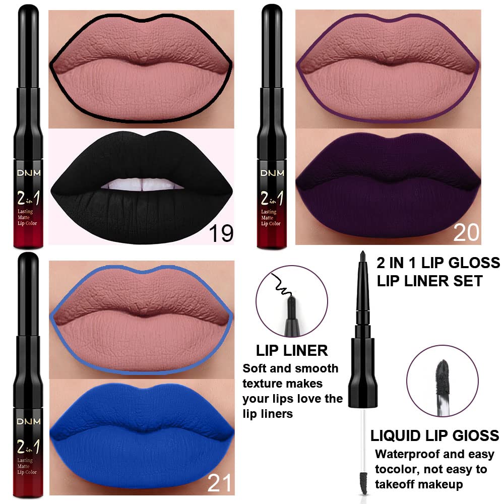 evpct 3Pcs Dark Black Purple Royal Blue Matte Lip Liner and Liquid Lipstick Lip Stain Makeup Set Smudge Proof, 24 Hours Original Long Lasting Matte Lipstick Waterproof labial mate larga duracion 24