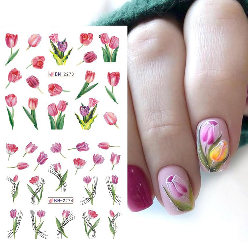 Flowers Nail Art Stickers Decals Tulip Floral Leaf Watercolor Nail Art Decals Transfer Foils for Nails Supply Butterfly Flowers Designs Nail Tattoo Sliders for Women DIY Manicure Nail Decoration 12PCS