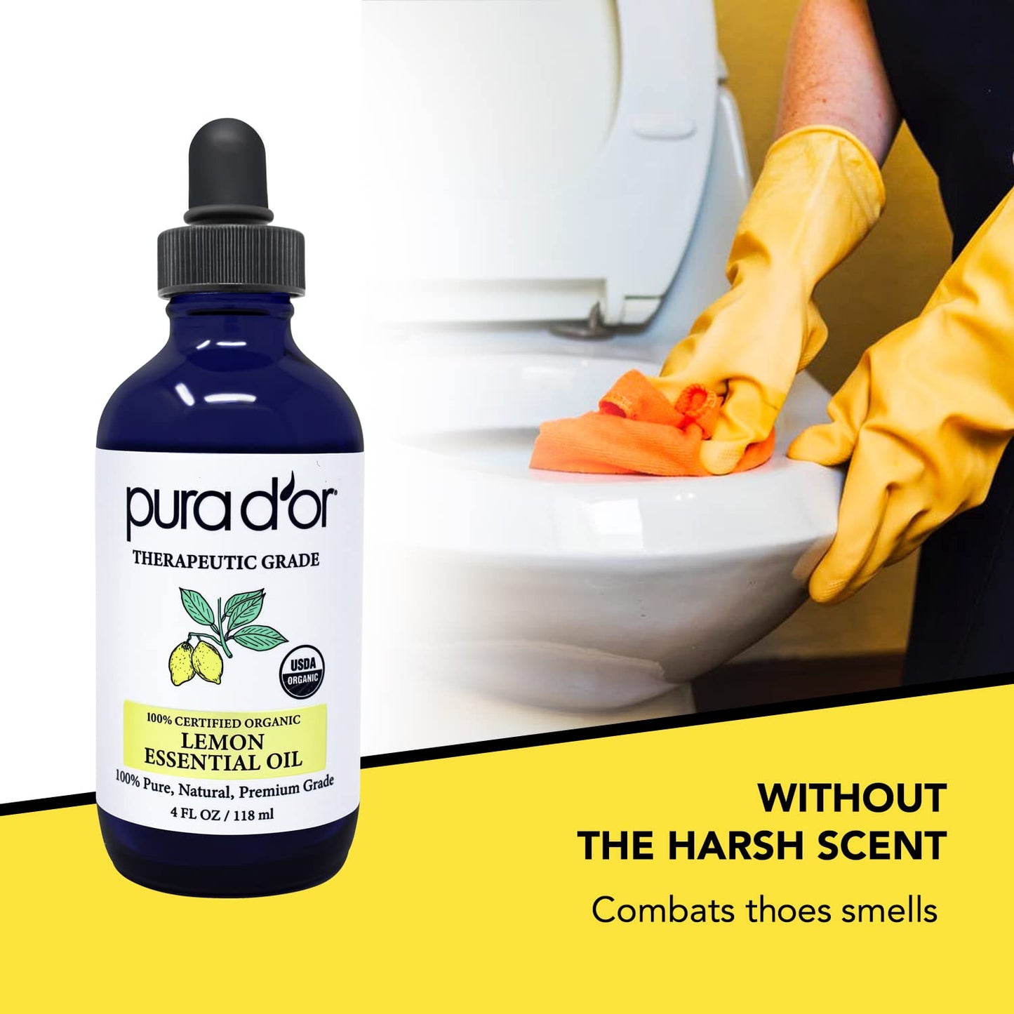 PURA D'OR Organic Lemon Essential Oil (4oz with Glass Dropper) USDA Certified 100% Pure & Natural Therapeutic Grade Diffuser Oil Citrus Scented for Aromatherapy, Mood Uplift, Energy, Focus