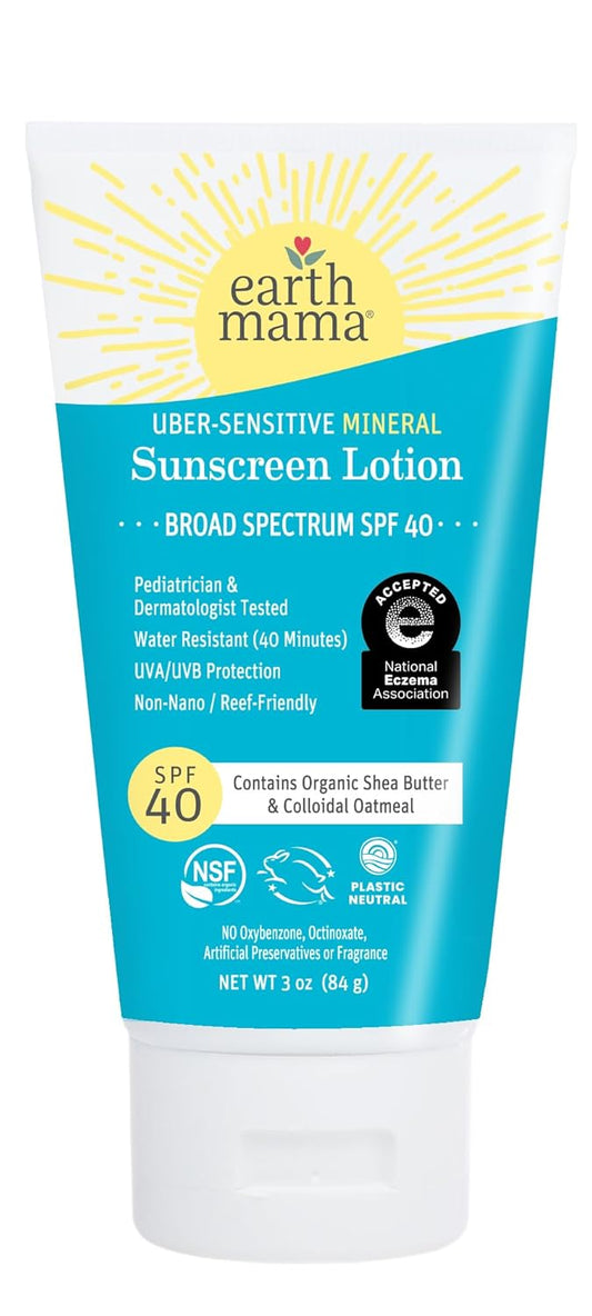 Earth Mama Uber-Sensitive Mineral Sunscreen Lotion SPF 40 | Non-Nano Zinc, Contains Organic Colloidal Oatmeal | Steroid-Free Eczema Cream for Baby, Kid & Family, 3-Ounce