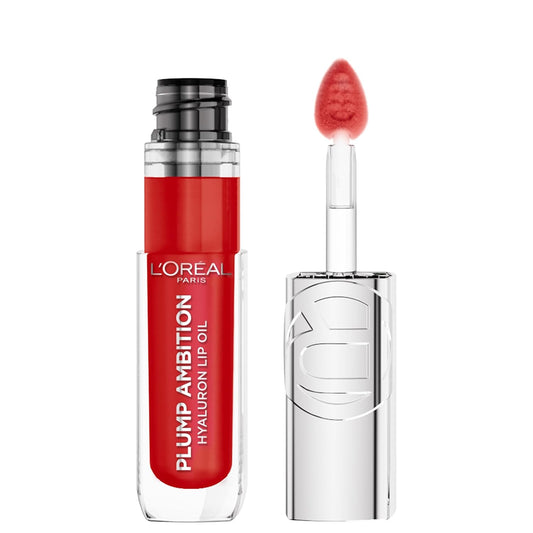L'Oreal Paris Plump Ambition Hyaluron Lip Oil, 24 HR Lip Gloss with Hyaluronic Acid, Volumizing Formula with Glass-Like Shine, Rouge In Love 380, 0.16 Fl Oz